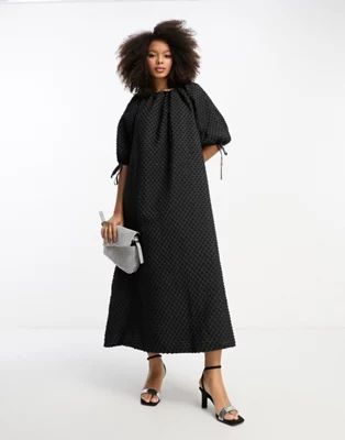 ASOS DESIGN textured midi smock dress with gathered neck in black | ASOS (Global)
