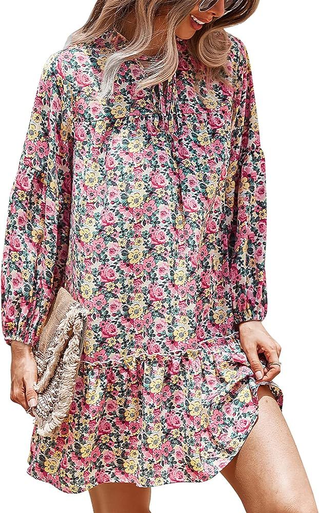 KIRUNDO Womens Fall Dresses 2023 Long Sleeve Tunic Ruffle Floral Print Boho Casual Loose Swing Mi... | Amazon (US)
