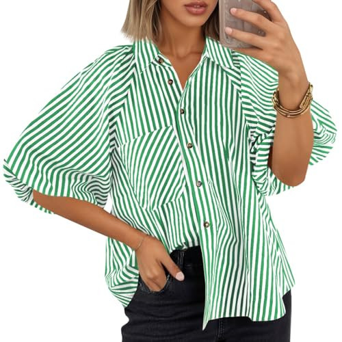 Tankaneo Womens Short Puff Sleeve Button Down Shirts Striped Trendy Casual Loose Fit Blouse V Neck Collared Tops Green | Amazon (US)
