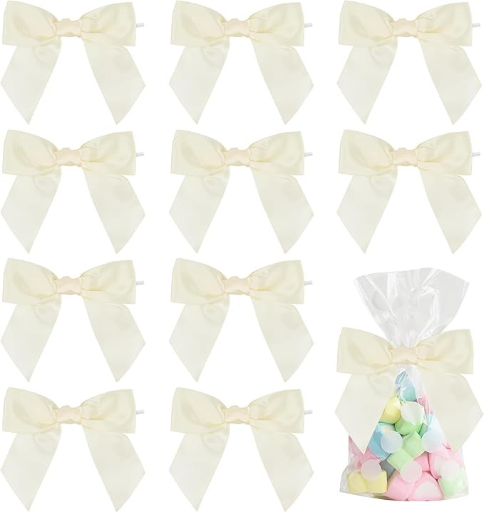 AIMUDI Ivory Bows for Wedding Decor 4.5" Pre-Tied Cream Satin Ribbon Twist Tie Bows for Treat Bag... | Amazon (US)