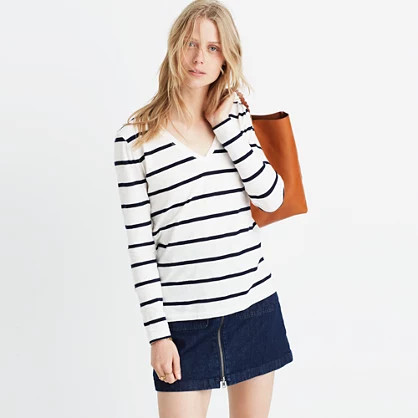 Whisper Cotton Long-Sleeve V-Neck Tee in Sheridan Stripe | Madewell