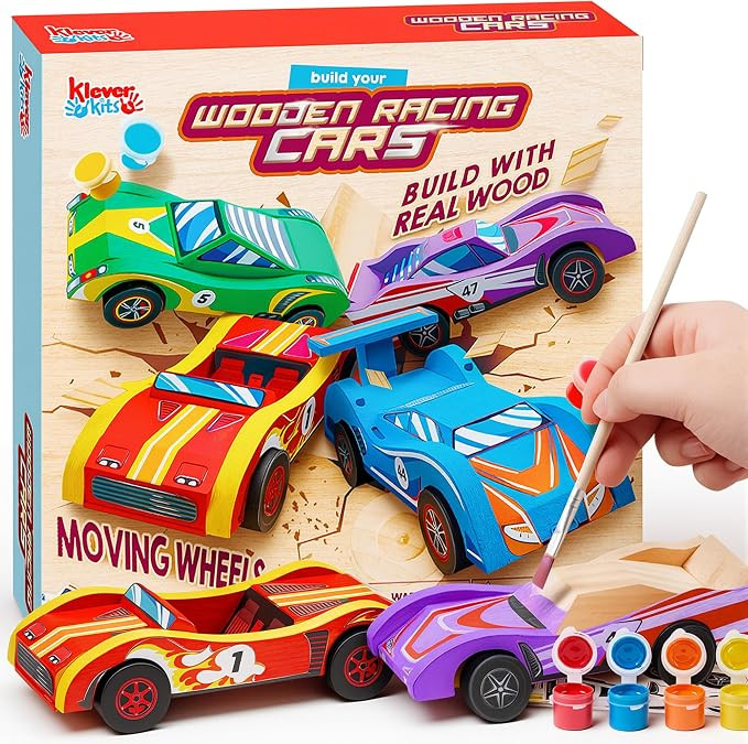 Klever Kits 4 DIY Wooden Race Cars-Build & Paint Your Own Wood Craft Kit, 4 Race Cars Toy, Easy t... | Amazon (US)