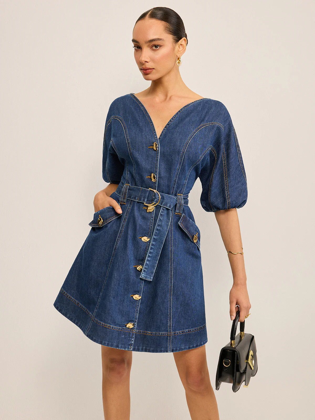 Pocketed Belted Denim Dress | Commense