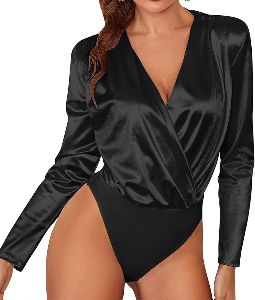 Chigant Women's Bodysuit Top Satin Long Sleeve V Neck Snap Closure Wrap Body Suits Leotard | Amazon (US)