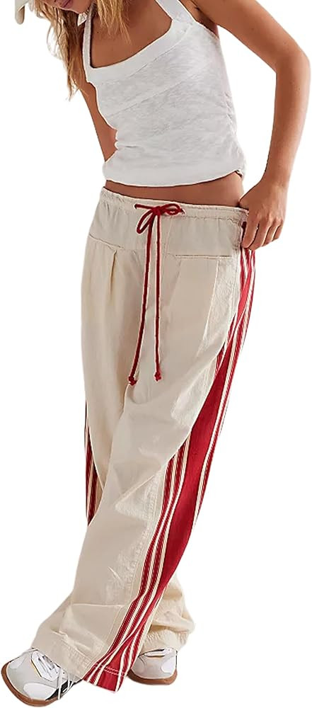 Hongsui Women's Wide Leg Pants Drawstring High Rise Side Striped Slouchy Palazzo Pants with Pocke... | Amazon (US)