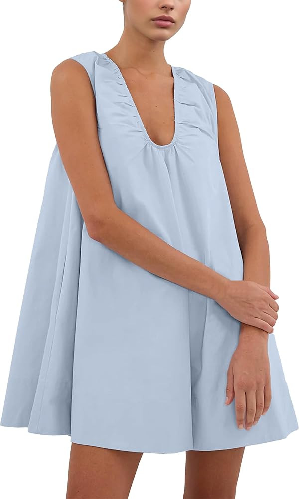 Women's Mini Babydoll Tank Dress Bubble Sleeveless Dresses Scoop Neck Ruched Short Summer Sundres... | Amazon (US)