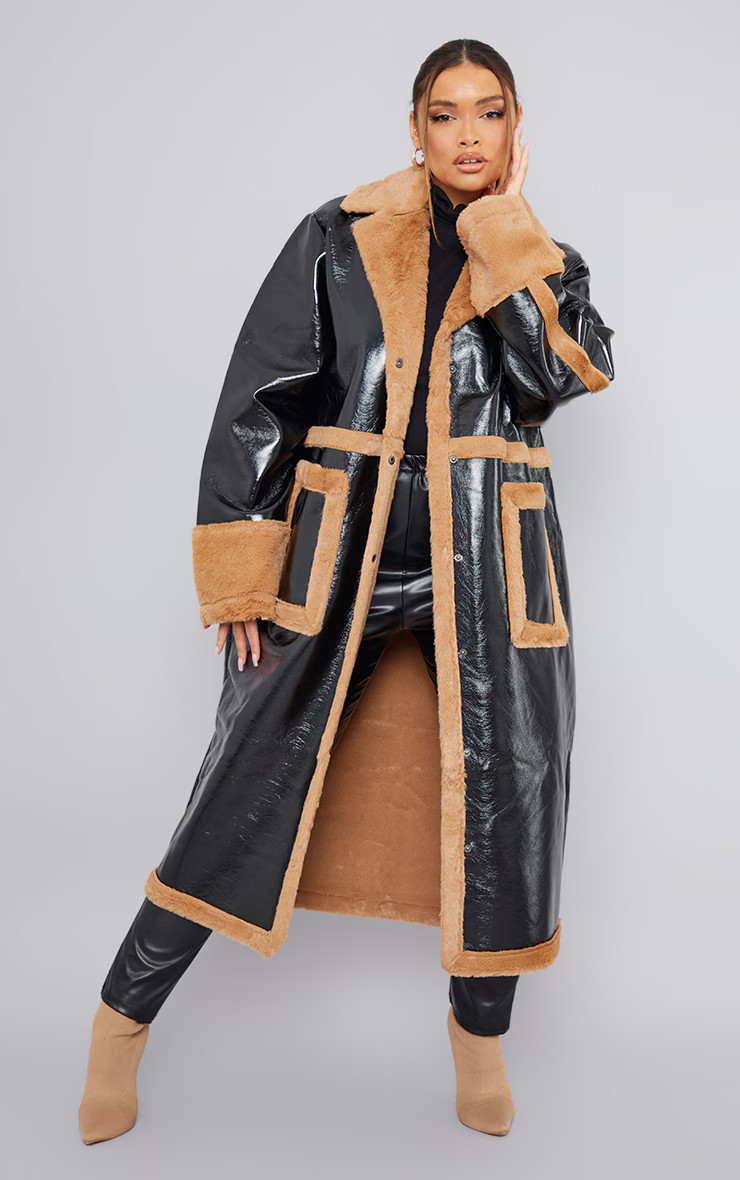 Plus Black Vinyl Contrast Faux Fur Coat | PrettyLittleThing US