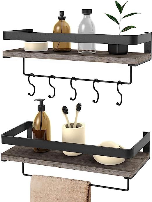 Floating Shelves Wall Mounted 2 Set, Bathroom Shelf with Rail, Towel Bar and 5 Hooks, Decorative ... | Amazon (US)