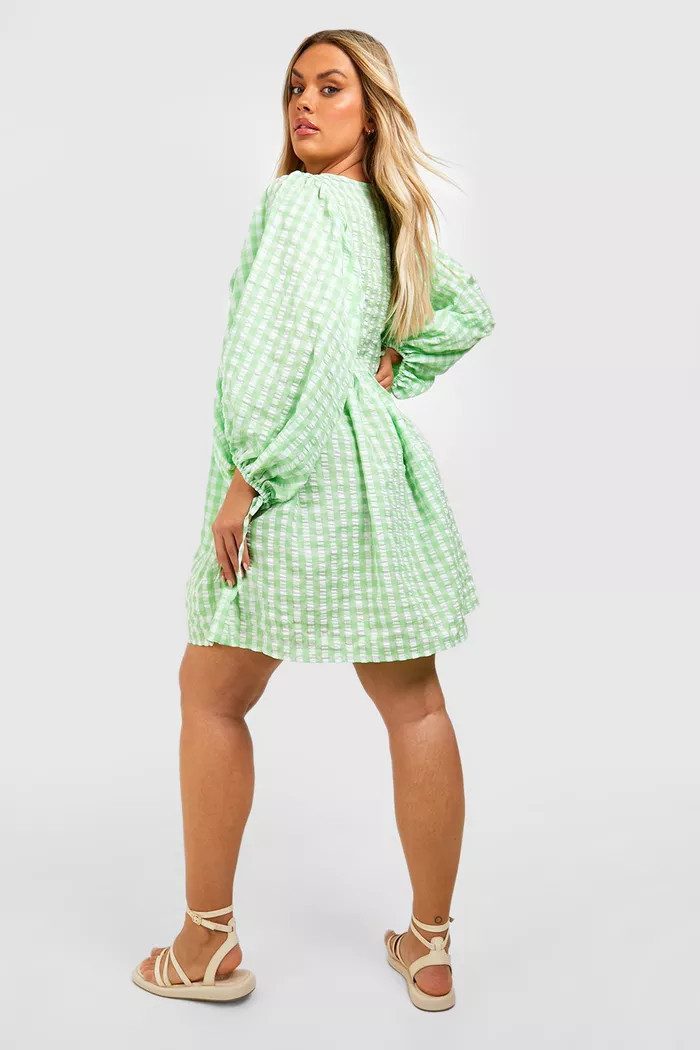 Plus Gingham Textured Blouse Sleeve Smock Dress | boohoo (US & Canada)
