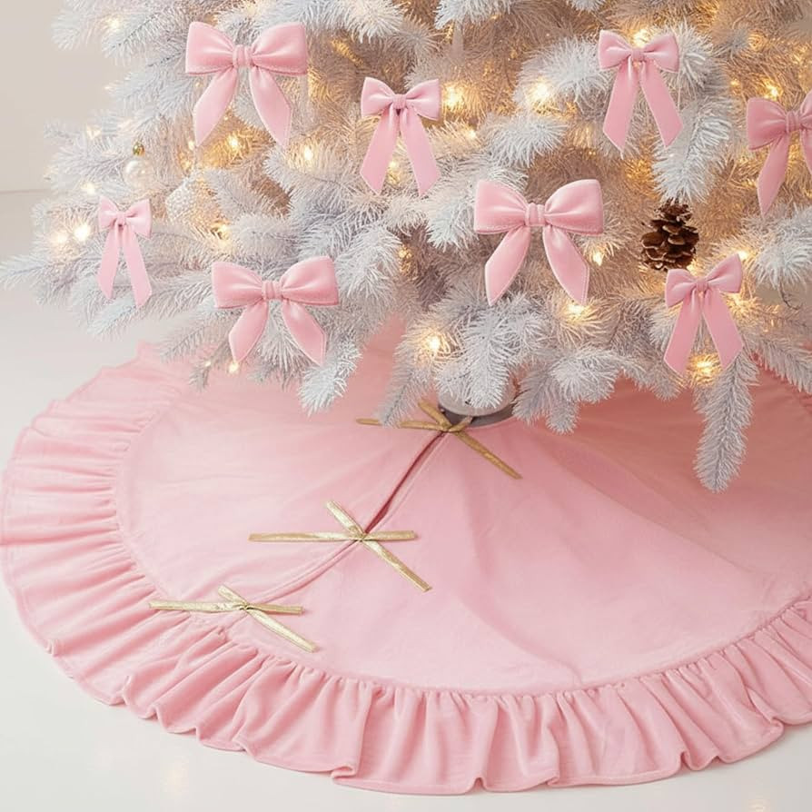 48 Inches Velvet Christmas Tree Skirt Pink with Gold Bow Fur Plush Tree Skirt Luxury Xmas Skirts ... | Amazon (US)