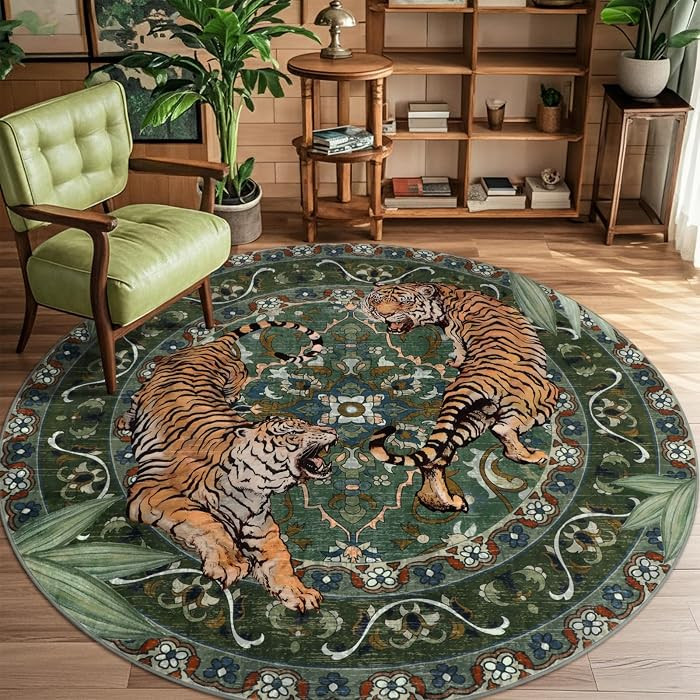 Tiger Round Area Rugs for Living Room 6ft, Boho Green Animal Print Bedroom Circle Rugs Non Slip, ... | Amazon (US)