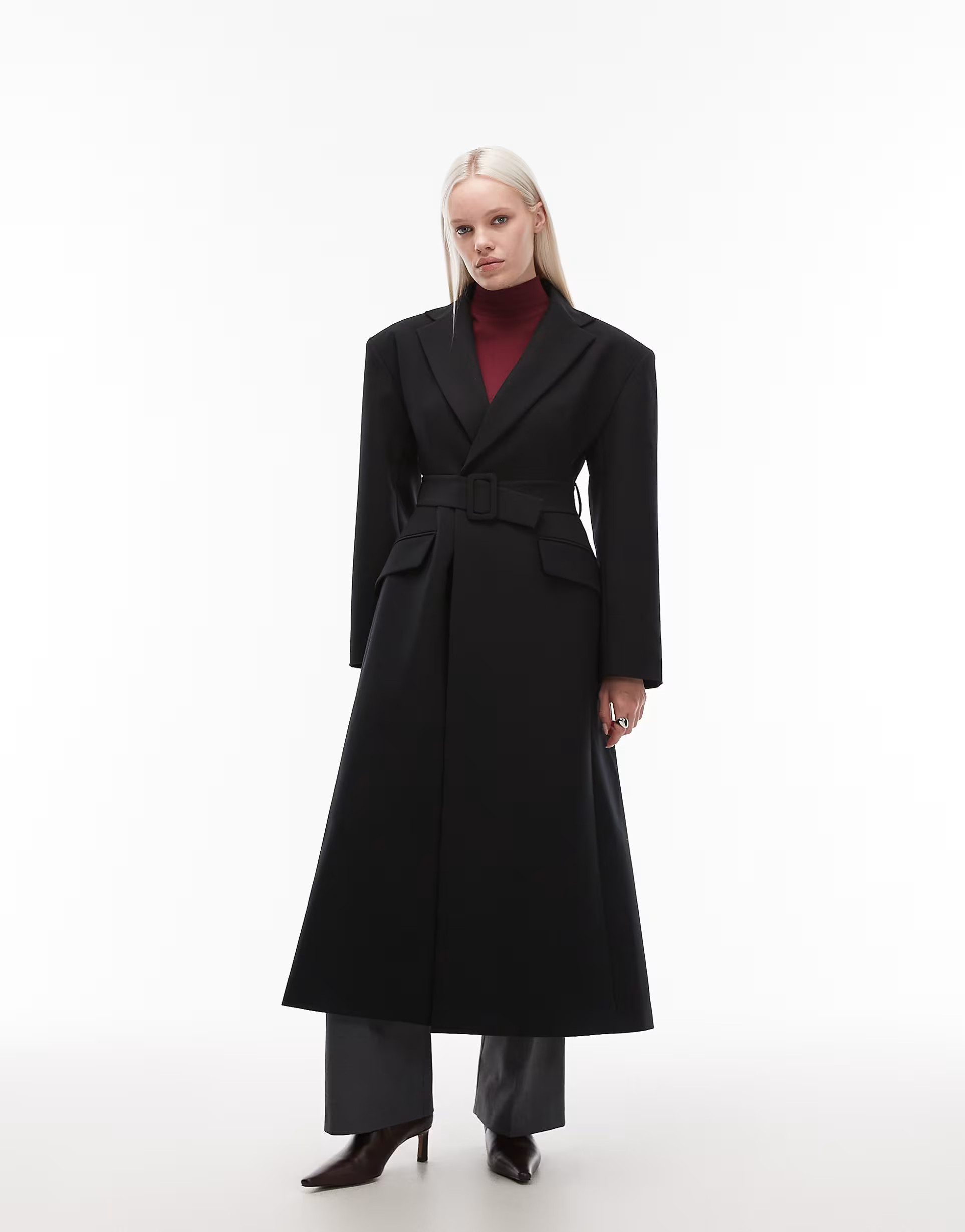 ASOS DESIGN tailored power shoulder belted overcoat in black | ASOS (Global)