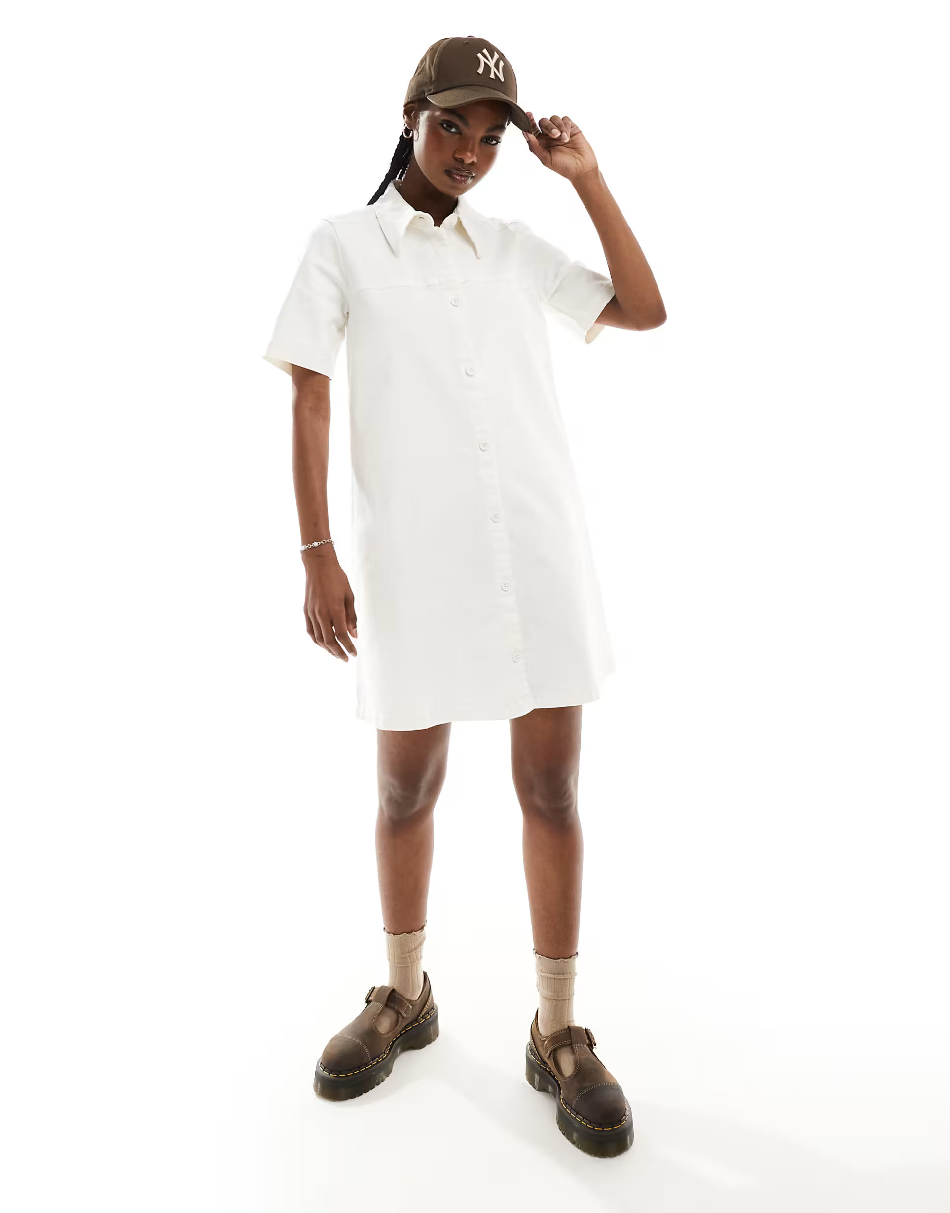 Monki short sleeve button through collar mini shirt dress in white | ASOS (Global)