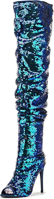 Women's Bling Peep Toe Heeled Thigh High Boots Slouch Zipper Stiletto Knee High Boots Sequin High... | Amazon (US)