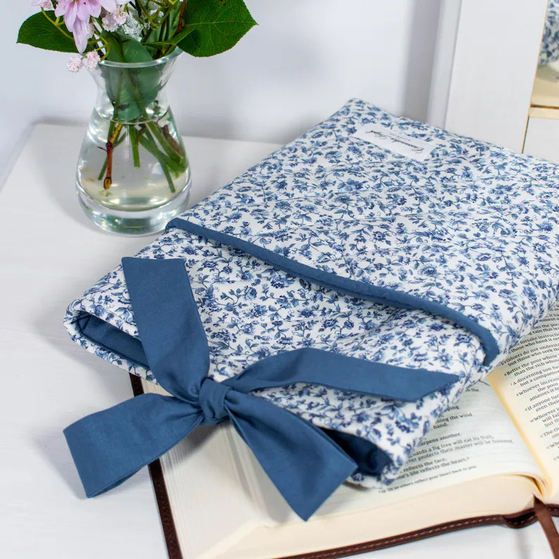 Book Sleeve with Pocket - Blue Floral | Customizable Vintage Quilted Book Bag Cover, Protective B... | Etsy (US)