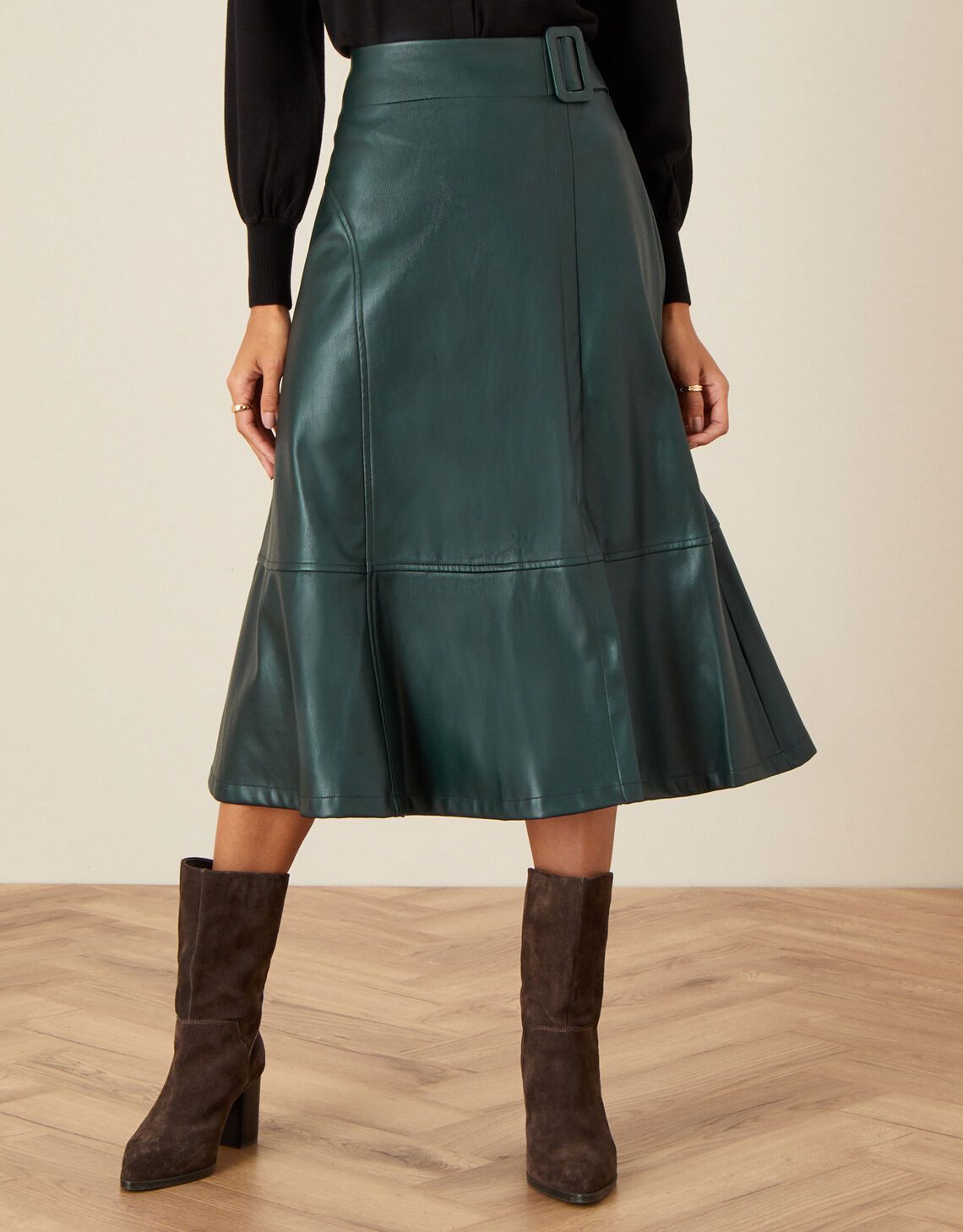 Belted Leather-Look Skirt Green | Monsoon (UK)