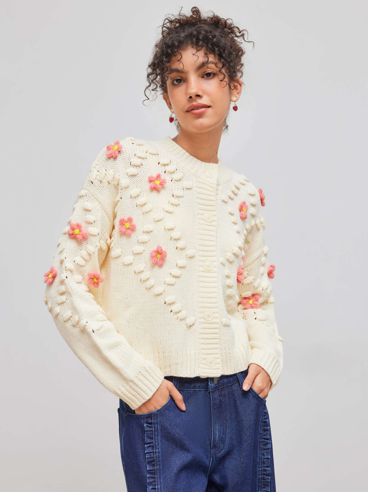 Knit Round Neckline Floral Hollow Out Cardigan | Cider