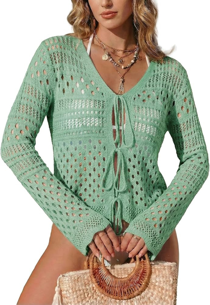 Dokotoo Beach Cover Ups for Women Summer Fashion V Neck Bell Sleeve Crochet Hollow Out Swimsuit C... | Amazon (US)