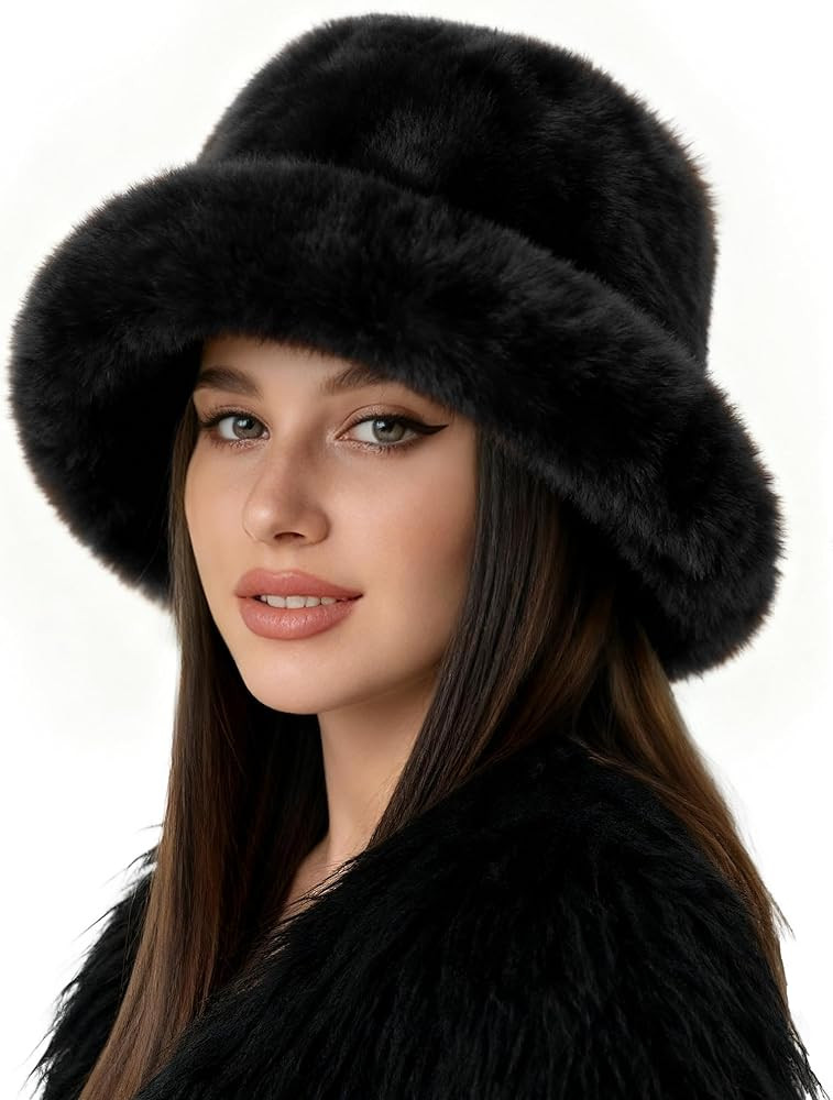 BFONS Women's Fuzzy Bucket Hat, Faux Fur Wide Moldable Brim Hat Warm Fisherman Cap Plush Winter H... | Amazon (US)