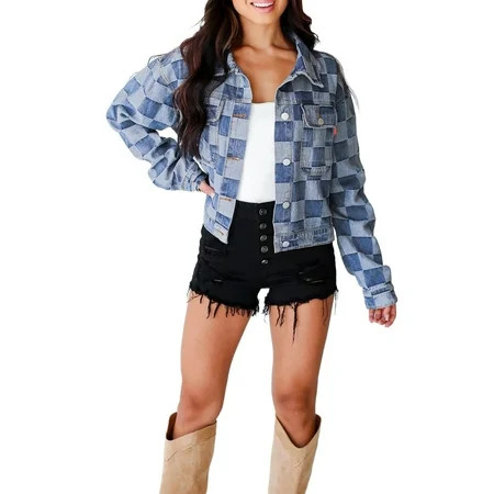 Unique Two-Tone Checkered Denim Jacket - Light Blue | Walmart (US)