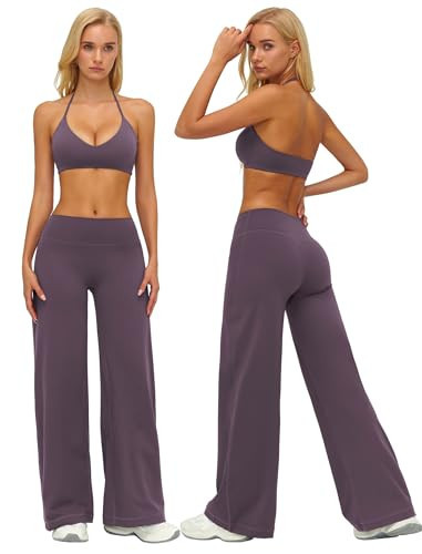 ABOCIW Workout Sets for Women 2 Piece V Neck Halter Sports Bra Wide Straight Leg Yoga Pants Leggings Pilates Outfits Gym Athletic Work Out Clothes Vintage Purple Small | Amazon (US)