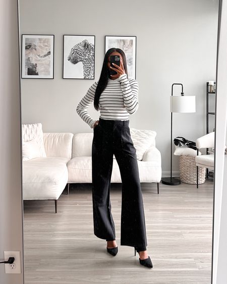 Abercrombie pants, black pants (wearing size 26), A&F Sloane Tailored pants, Fall outfit, black and white striped top, black pointed toe heels, fall style, office style, neutral outfit 

#LTKSale #LTKshoecrush #LTKwedding