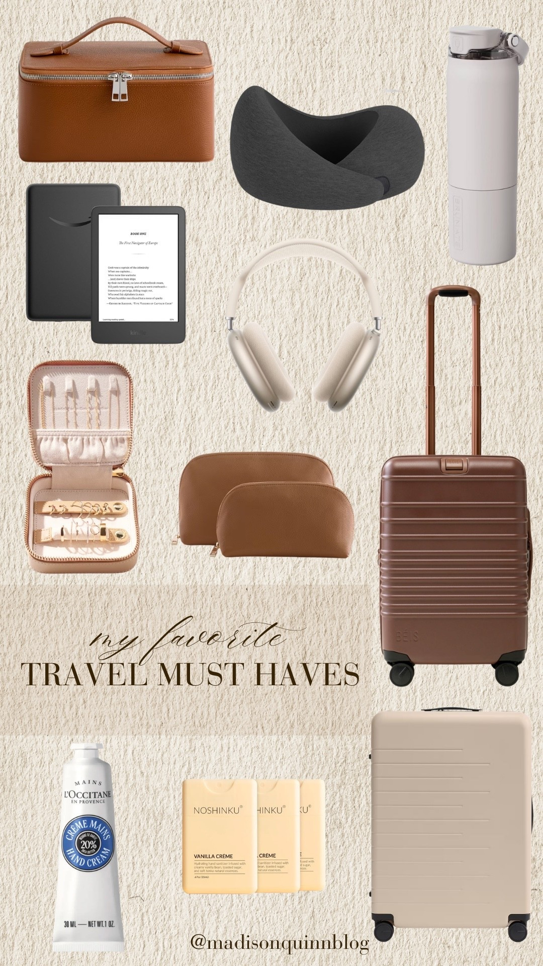 My travel must haves! 

Beis carry on checked bag toiletry bags neck pillow headphones kindle neck pillow water bottle travel vacation

#LTKgrwm #LTKdayinmylife #LTKTravel