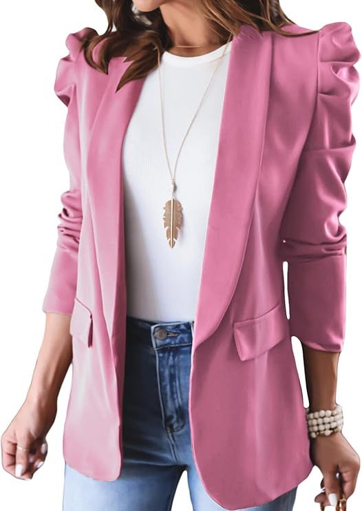 Happy Sailed Women's Blazers Open Front Puff Sleeve Office Blazer Bussiness Casual Jackets Work S... | Amazon (US)