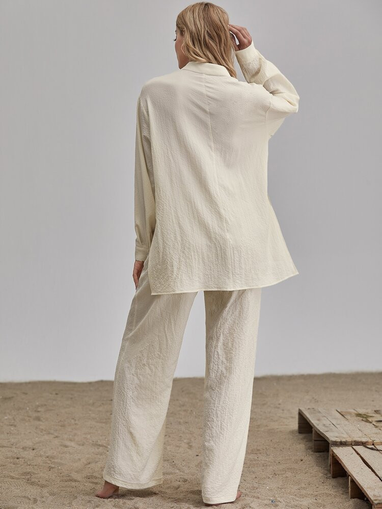 Slit Hem Longline Blouse & Wide Leg Pants Set | SHEIN