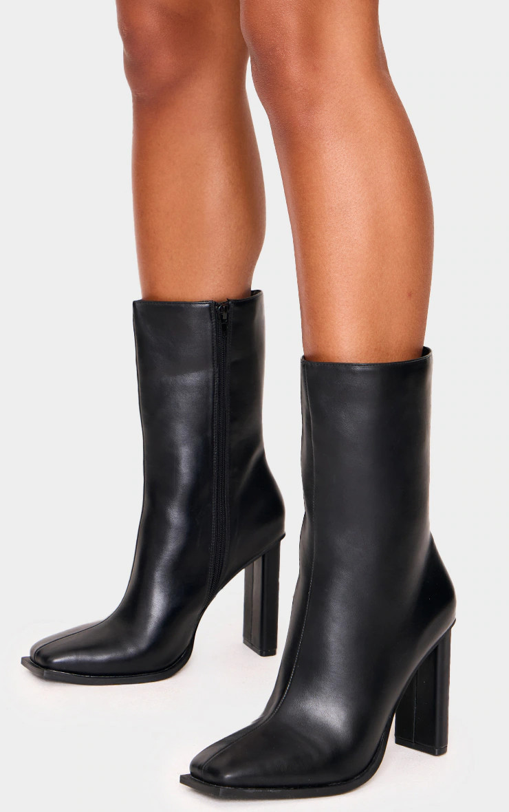 Black Pu Square Toe High Block Heeled Ankle Boots | PrettyLittleThing US