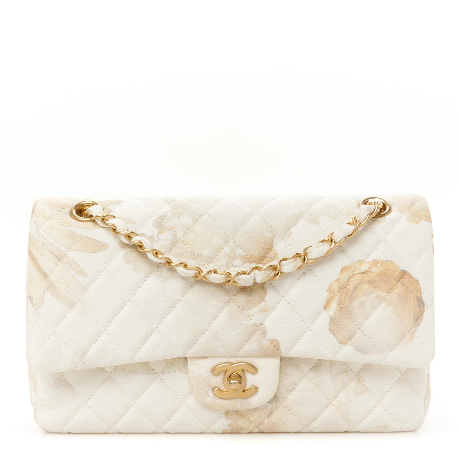 Denim Floral Printed Medium Double Flap Beige | FASHIONPHILE (US)