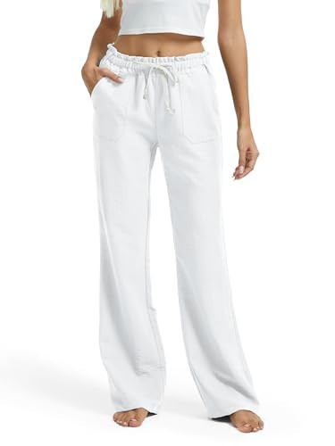 SEVEGO Women's Casual Linen Pants Regular 30" Inseam Flared Leg Smocked Waist Beach Summer Slacks, White, XX-Large | Amazon (US)
