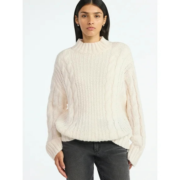 Scoop Women’s Oversized Cable Knit Sweater, Midweight, Size XS-XXL | Walmart (US)