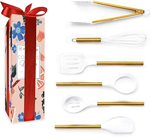 STYLED SETTINGS White Silicone and Gold Kitchen Utensils Set for Modern Cooking and Serving, Stai... | Amazon (US)