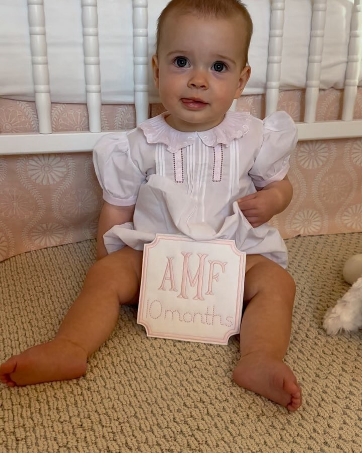 10 months old 🤍🤍🤍
In the last month, Ann Foster has perfected her crawling and popped two teeth. She loves cheering on the Tide, boat rides and playing hide and seek. She’s obsessed with her rubber duckie bath toy, “Brown Bear” & “prayers” books and her mom and dad. She still doesn’t like being left in church nursery, but we are working on that. She is sweet, confident, and the most loving little thing in the world!  This month’s milestone photos were the hardest to date to photograph haha which is so fun!