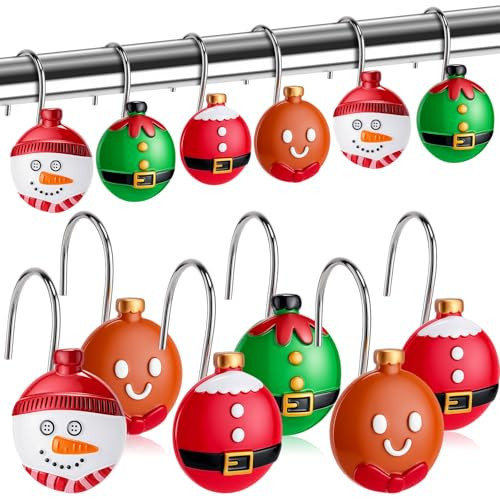 Yungyan 12 Pcs Christmas Ball Shower Curtain Hooks Snowman Santa Claus Curtain Hangers Xmas Gingerbread Man Decorative Rings Accessories for Holiday Bathroom Restroom Decor | Amazon (US)