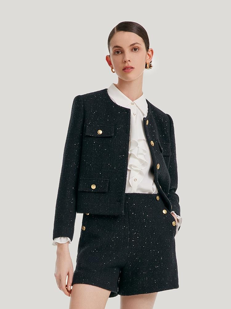 Elegant Black Tweed Cropped Women Jacket | GOELIA