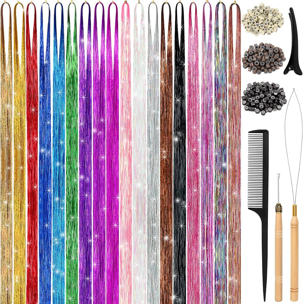Hair Tinsel Kit (48 Inch,18 Colors, 4320 strands), Tinsel Hair Extensions with Tools, Heat Resist... | Amazon (US)