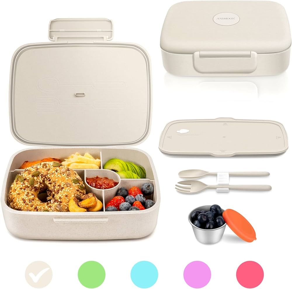 ANDMOON Bento Lunch Box with Kids/Adults, 5 Compartments Leakproof Lunch Container with Dressing ... | Amazon (US)