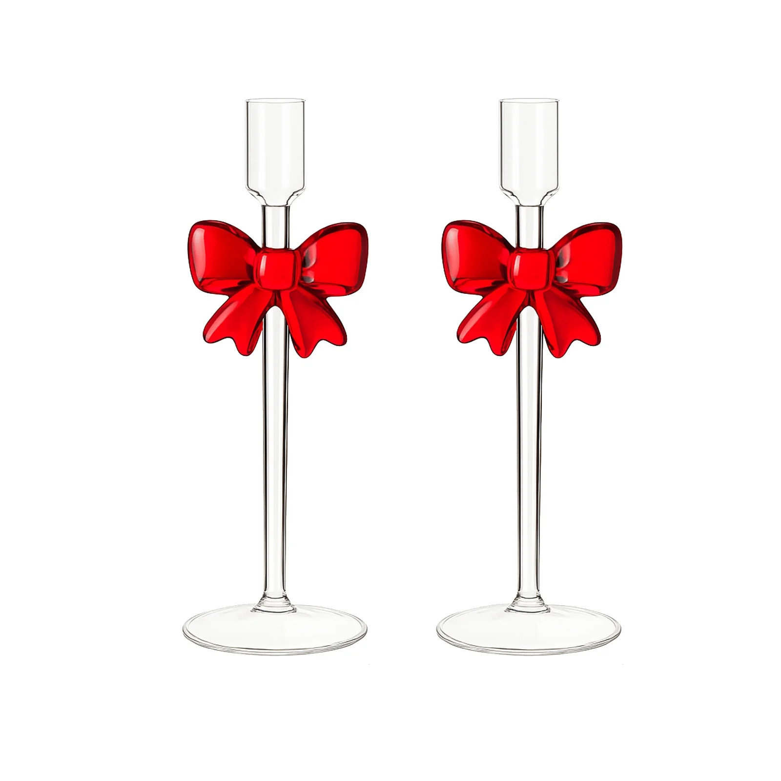 Christmas Decorations 2025, 2 Pack Red Bow Glass Taper Candle Holders, Glass Candlestick Holder D... | Walmart (US)