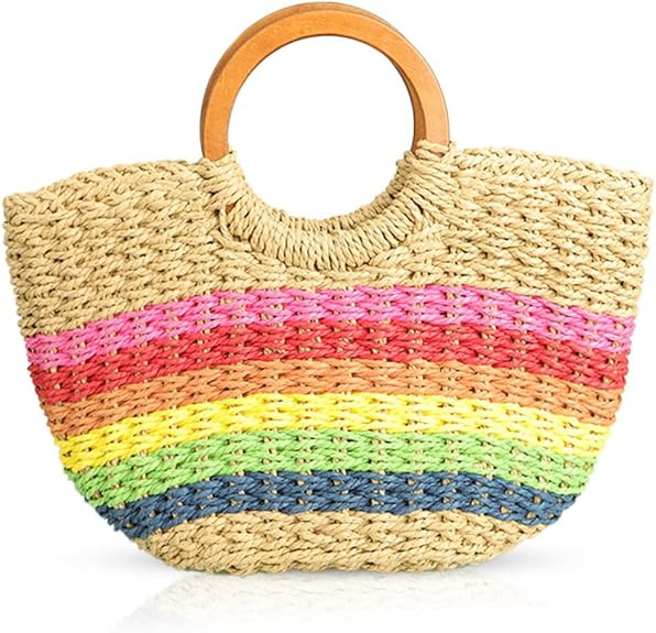 Semi-circle Rattan Straw Handbags, Hand-Woven Women Summer Retro Straw Tote Bag Crossbody Bag Rou... | Amazon (US)