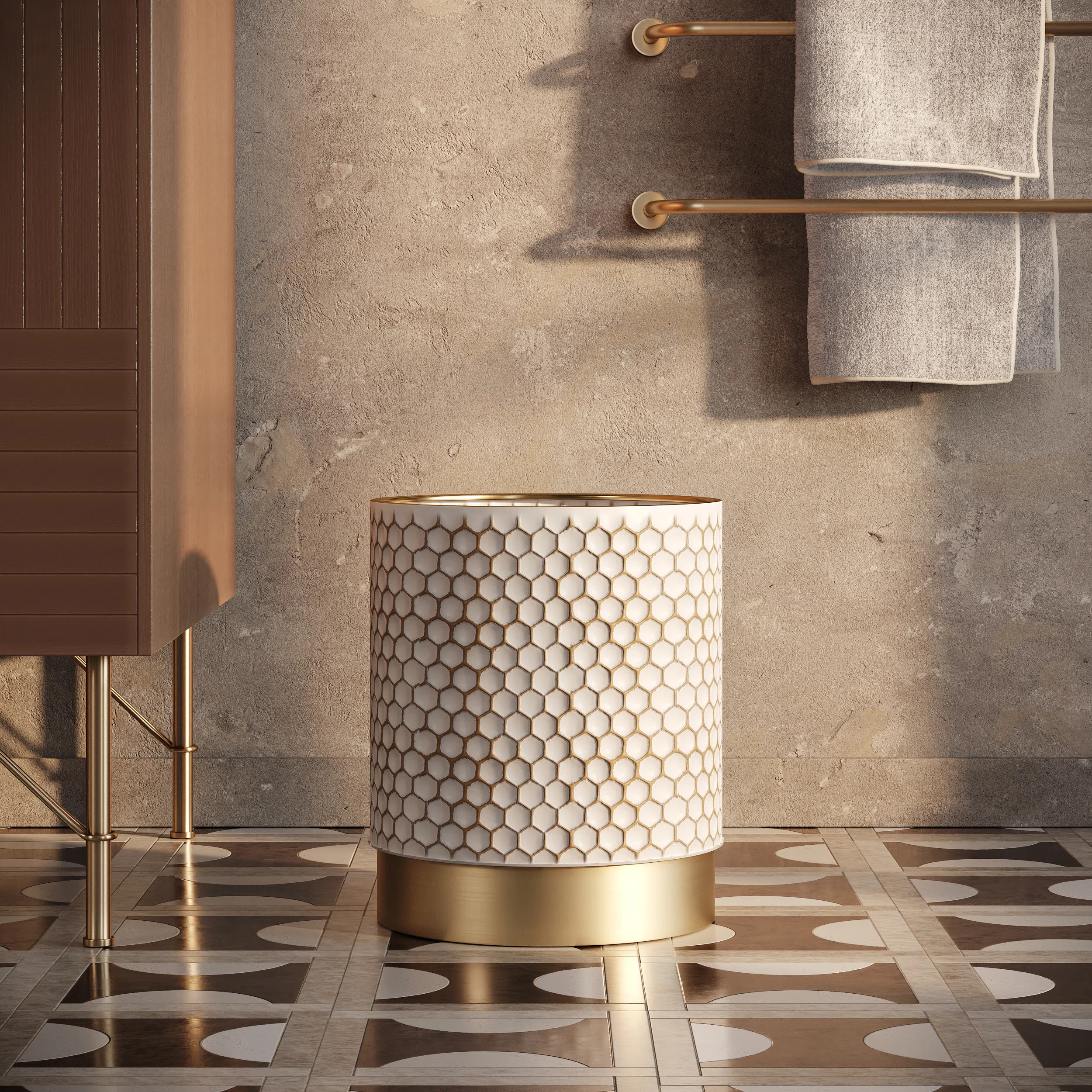 Honeycomb Mid Century Modern Indoor Metal Waste Basket With Metal Base | Wayfair North America