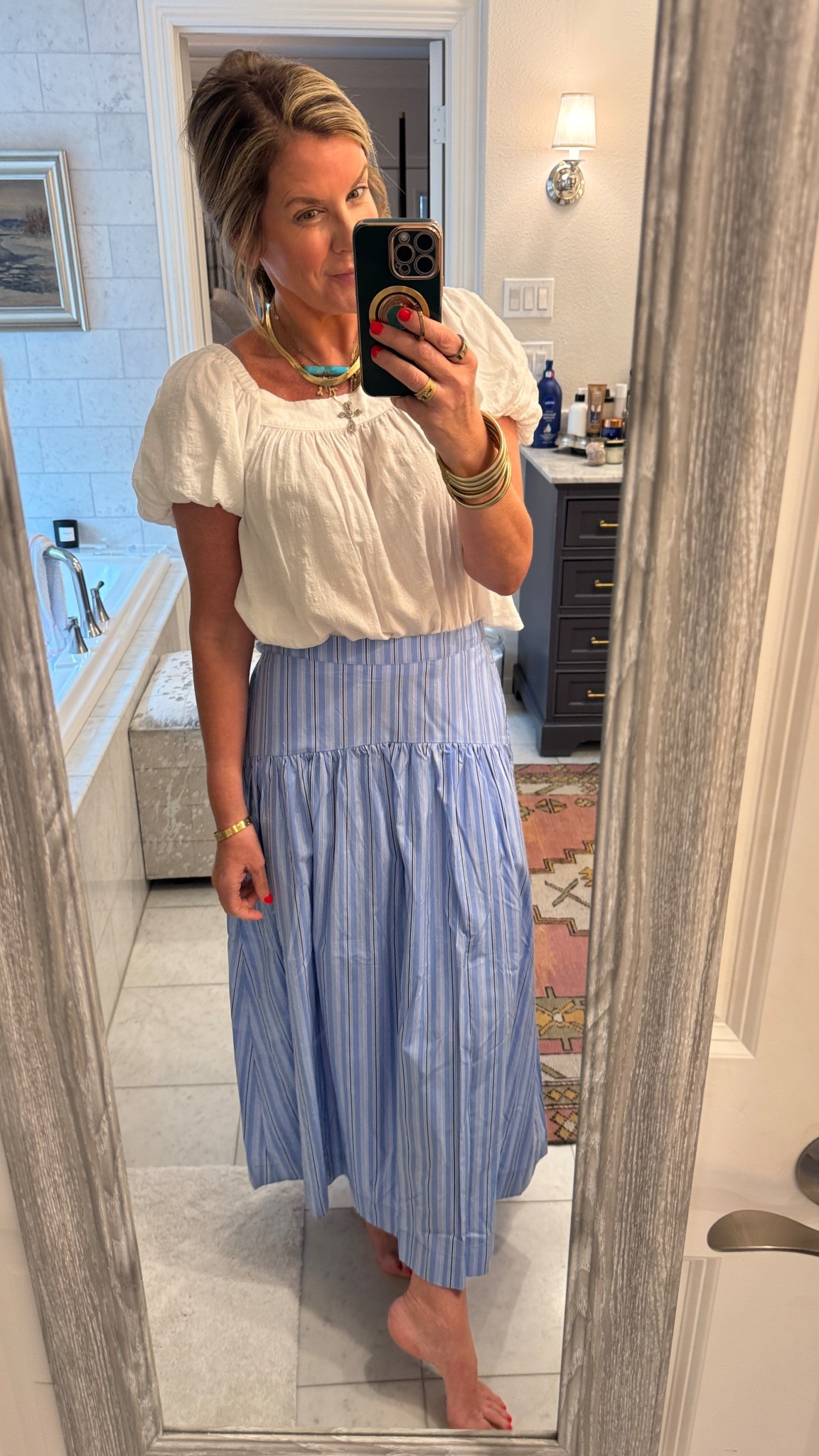 
I had zero plans to buy clothes at Target. But I happened again. 

This top and skirt changed my plans.

You know I’m going to choose a skirt, and this drop waist one is so flattering. Paired it with this top and done.

Run, don’t walk.
