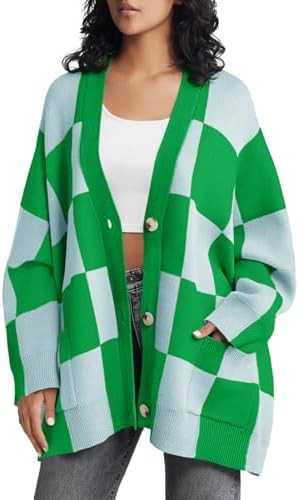 Saodimallsu Womens Checkered Sweater Color Block Plaid Oversized Cardigan Long Sleeve V Neck Butt... | Amazon (US)