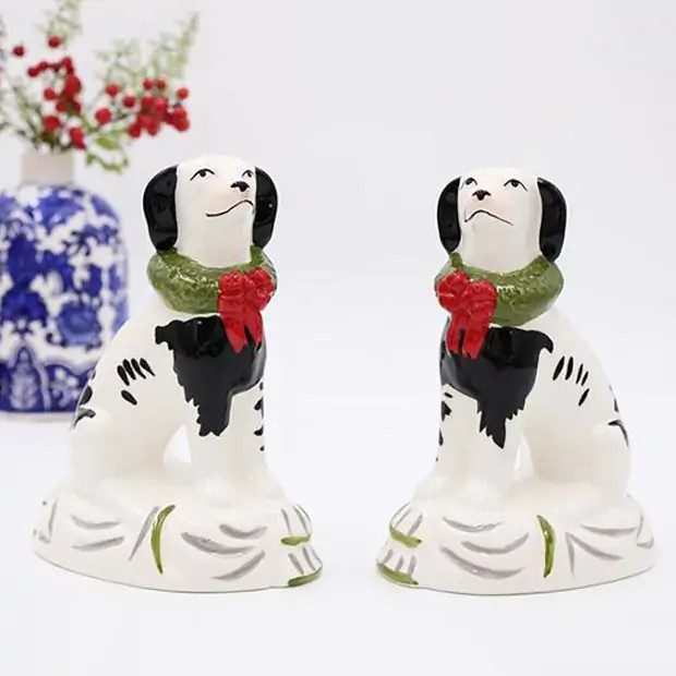 Ceramic Festive Rufus Dog Figurine Set of 2 | Antique Farm House