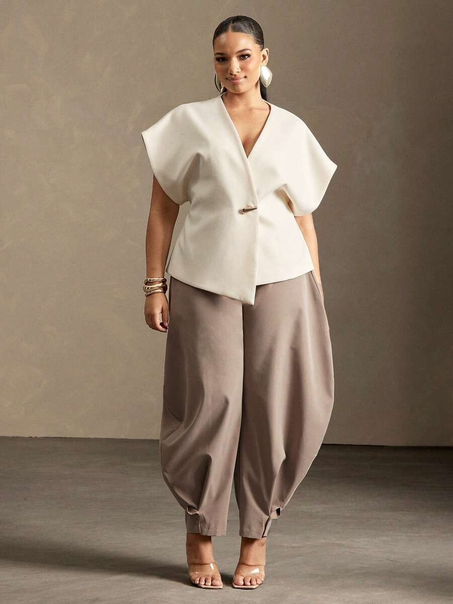 Vixey Solid Textured Woven Asymmetrical Hem Single Button Waistcoat Top | SHEIN