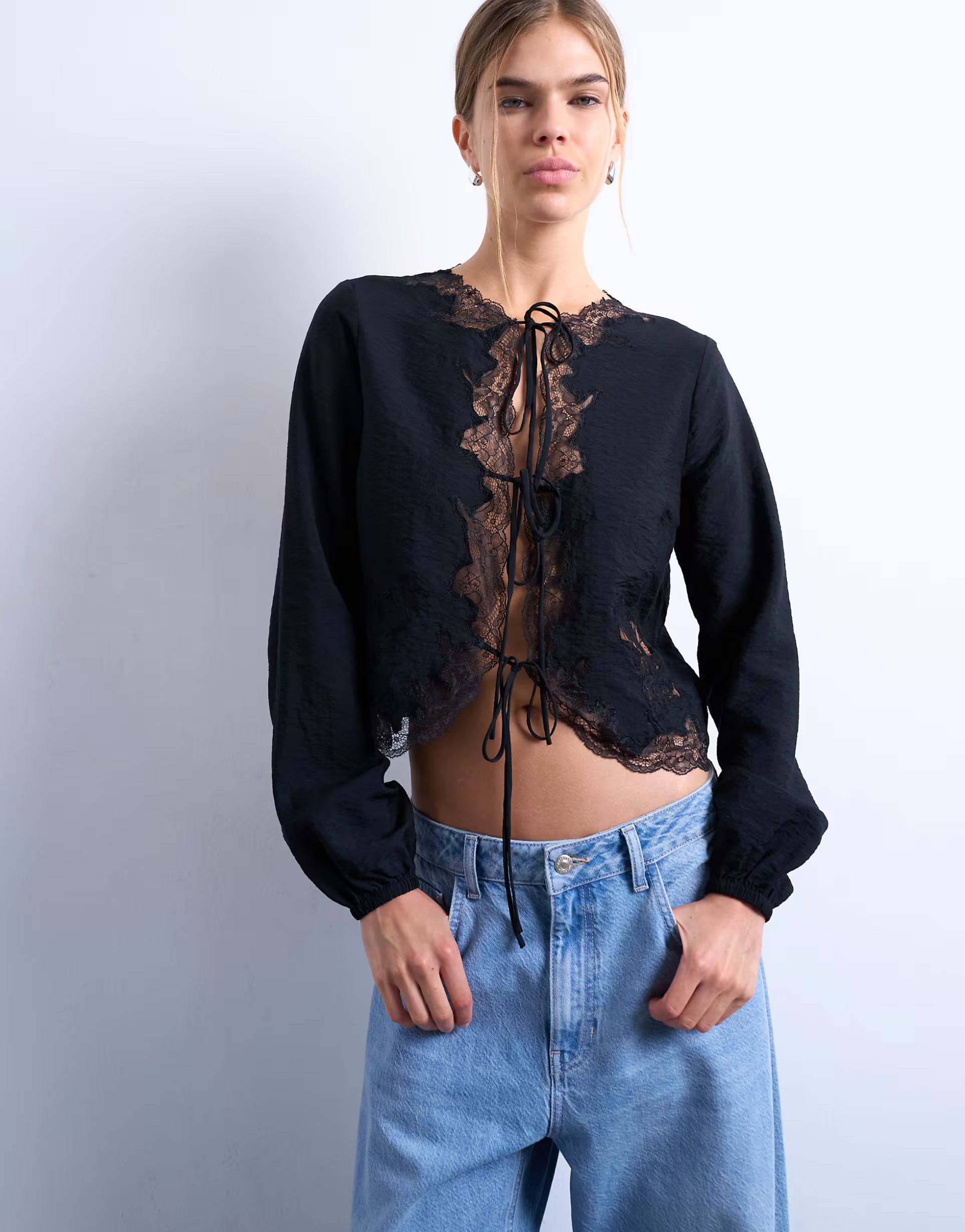 Topshop delicate tie front long sleeve top with lace in black | ASOS (Global)