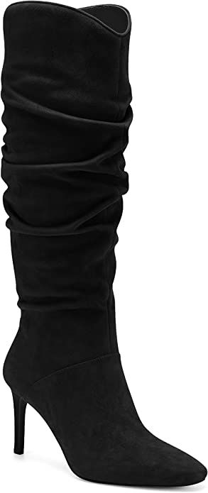 Womens Knee High Boots Faux Suede Almond Toe Stiletto High Heel Slouchy Side Zipper Booties | Amazon (US)