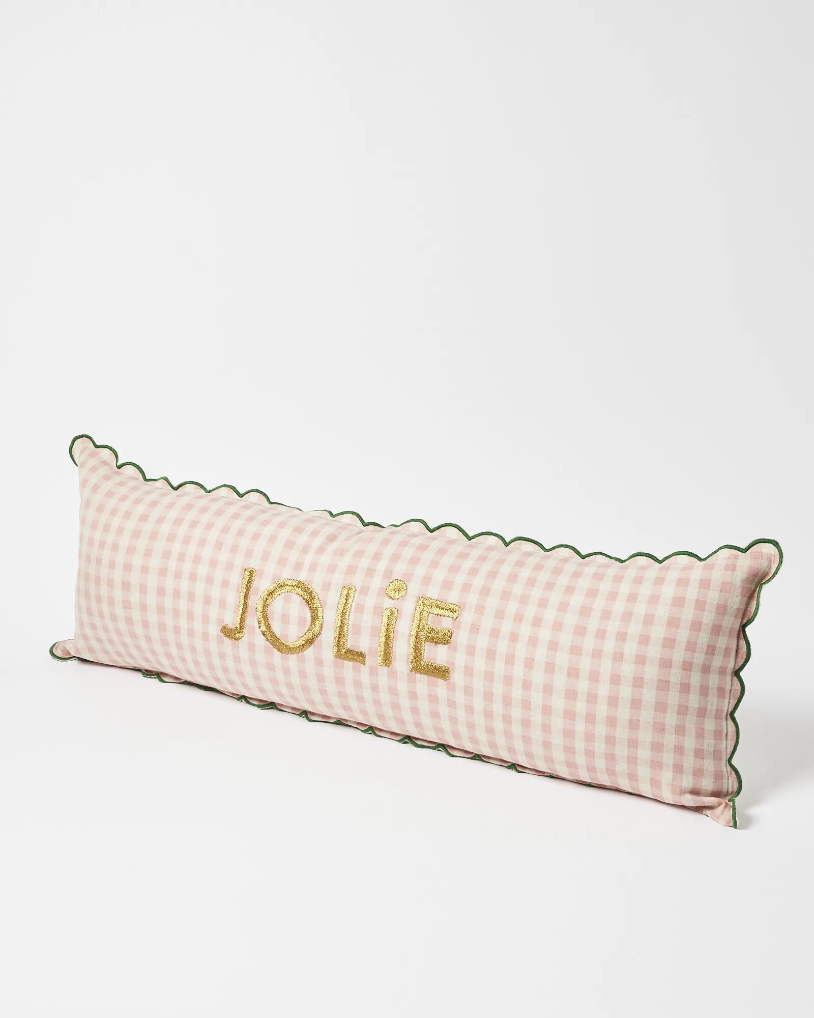 Jolie Embroidered Pink Gingham Bolster Cushion | Oliver Bonas | Oliver Bonas (Global)