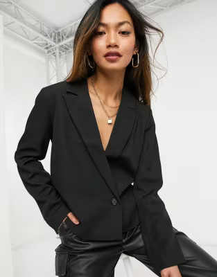 Y.A.S tailored suit blazer with wrap over fastening in black | ASOS (Global)